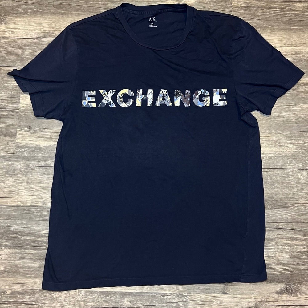 A|X Armani Exchange Men's XL Pima Cotton Graphic Logo T-Shirt Navy Abstract
